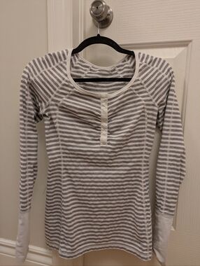 lululemon athletica Gray and White Striped Henley Long Sleeve